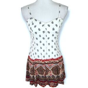 XHILARATION MULTICOLOR CREAM & TAN BUTTON DOWN ROMPER SZ.XS EUC